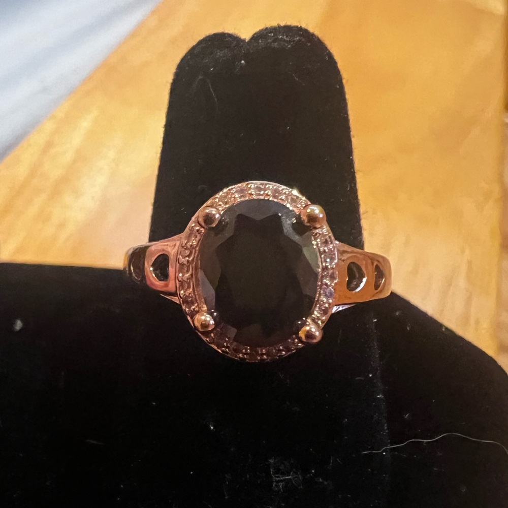 Black Gem, CZ Pavé and Rose Gold Ring (Size 6.5)